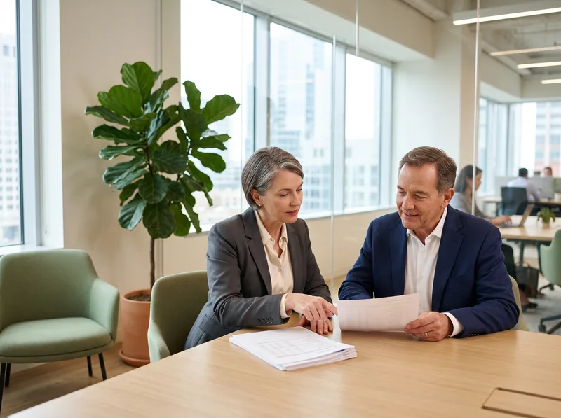 SAP FICO functional consultant and a company controller reviewing a printed month-end close checklist and financial statements in a glass meeting room