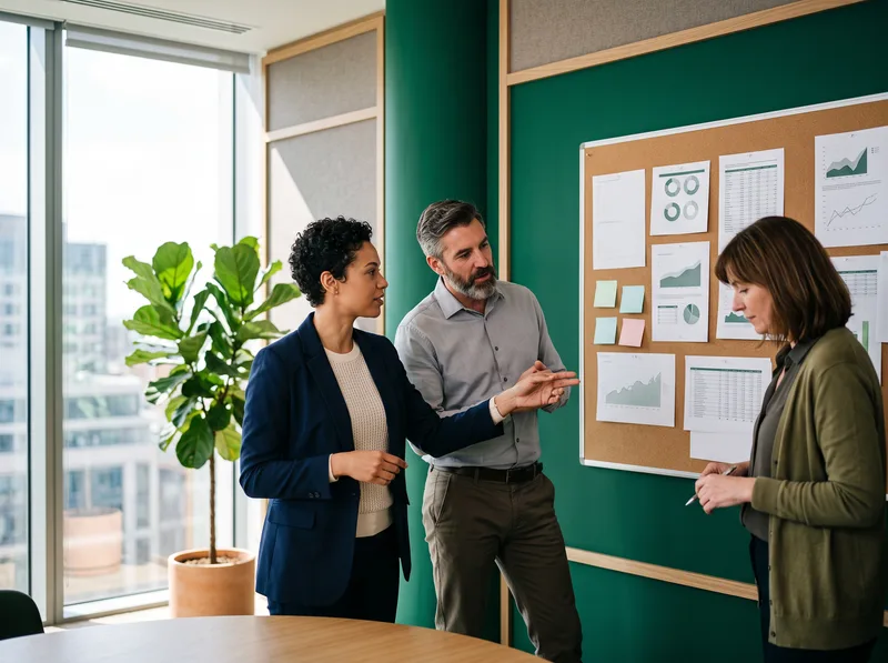 Cross-functional finance team reviewing product-costing worksheets and margin analysis pinned to a board with sticky notes