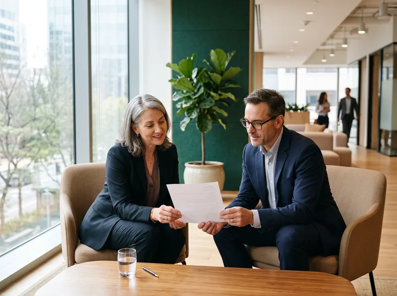 KORE1 senior recruiter reviewing an SAP FICO consultant candidate resume with a hiring manager in a modern office lobby