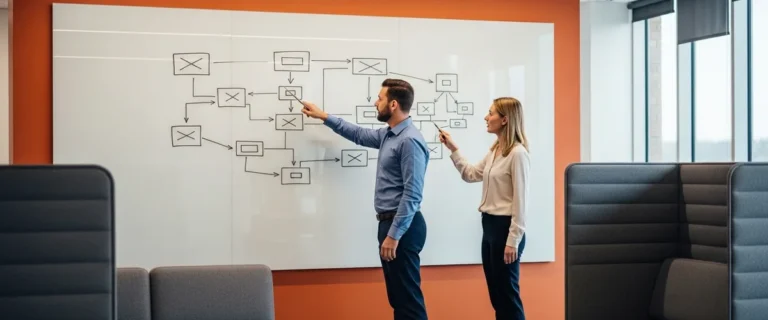 SAP S/4HANA consultants mapping an ERP conversion plan on a glass whiteboard in a modern office