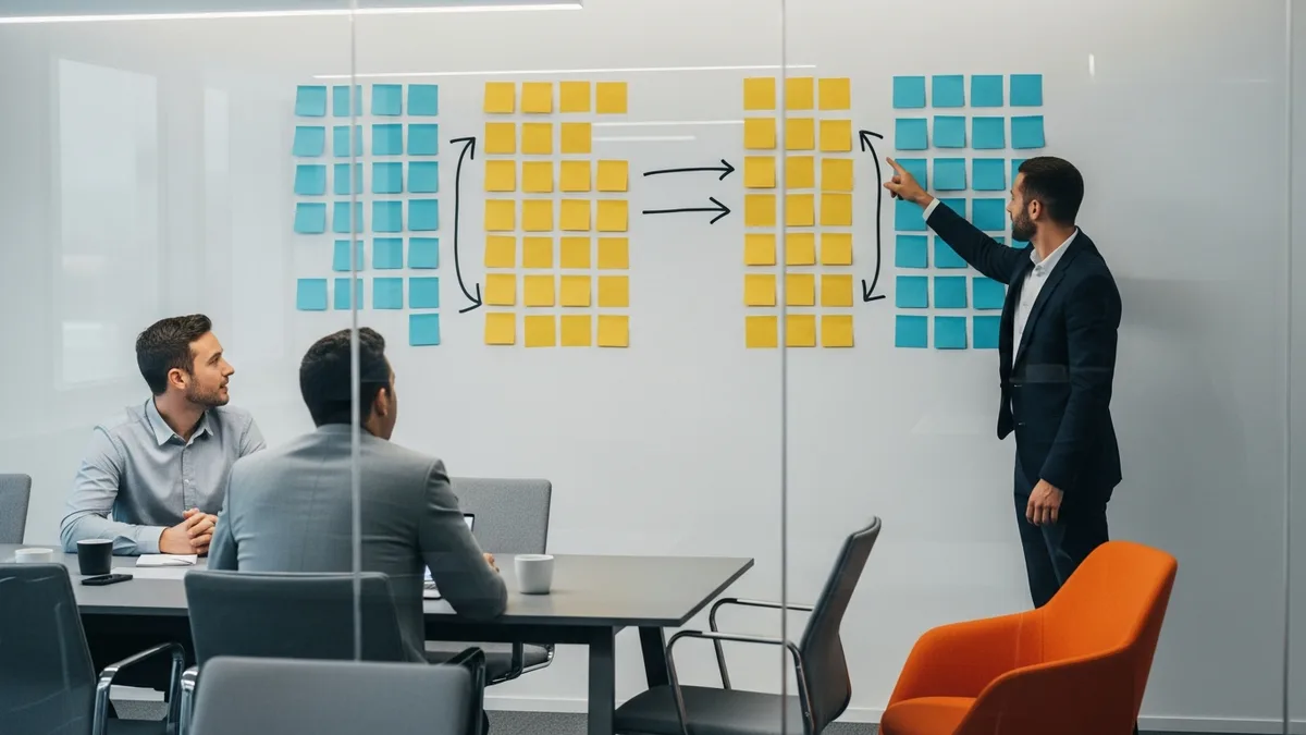 SAP S/4HANA project team mapping a brownfield versus greenfield conversion roadmap on a whiteboard