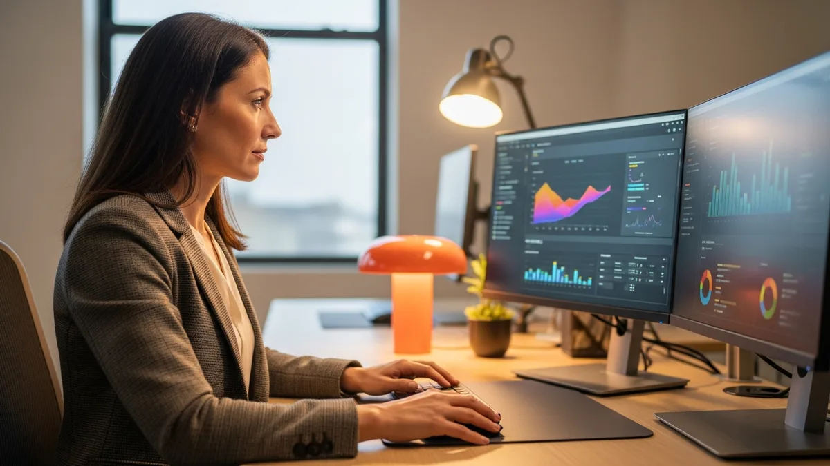 SAP S/4HANA consultant reviewing enterprise ERP dashboards at a dual-monitor workstation