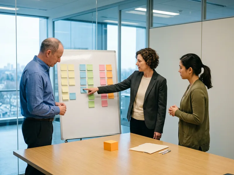 SAP S/4HANA project team reviewing a brownfield versus greenfield conversion plan on a sticky-note board in a glass meeting room