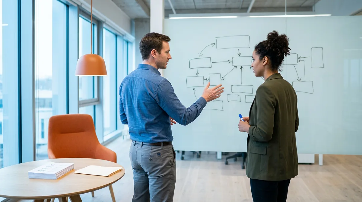 SAP S/4HANA consultants mapping a conversion process on a glass whiteboard in a modern office, KORE1 S/4HANA consultant staffing