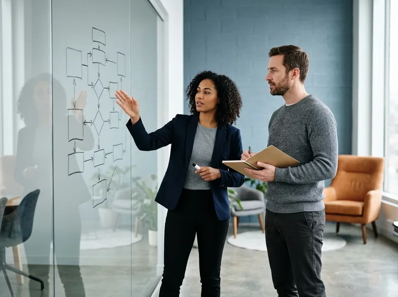 SAP S/4HANA functional and technical consultants mapping a business process flow on a glass wall during a requirements session
