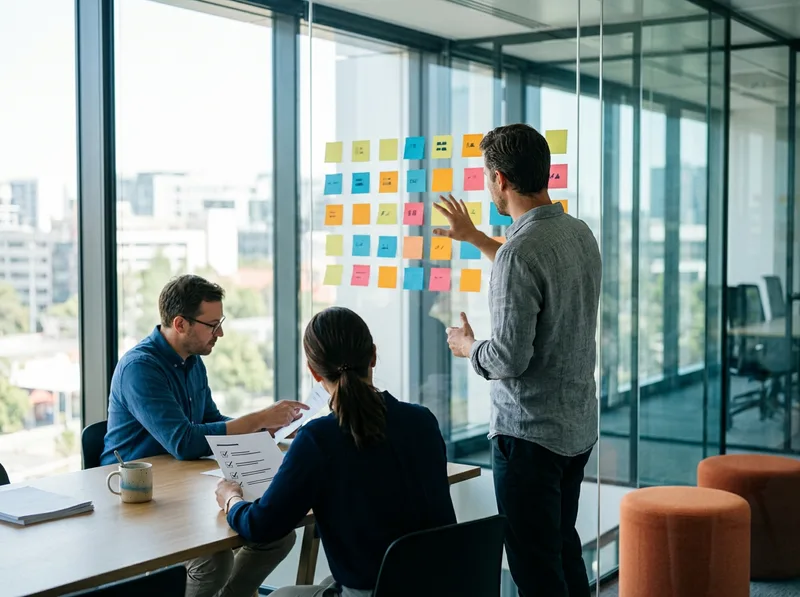 Cross-functional SAP S/4HANA team reviewing a cutover checklist and migration plan on sticky notes in a glass war room