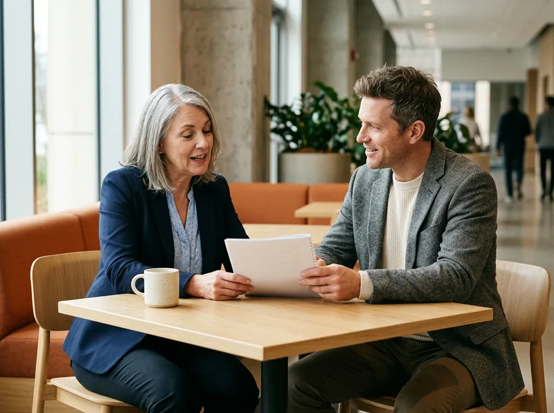 KORE1 senior recruiter reviewing an SAP S/4HANA consultant candidate profile with a hiring manager in a modern office lobby