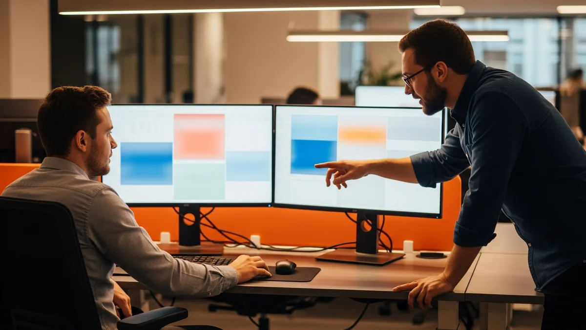 Two security engineers reviewing cloud infrastructure and code side by side at a dual-monitor workstation in a modern office