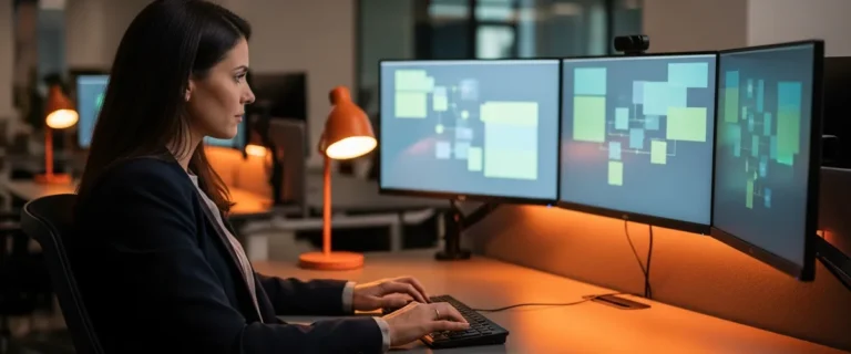 Security engineer reviewing abstract dashboards at a multi-monitor workstation in a modern office