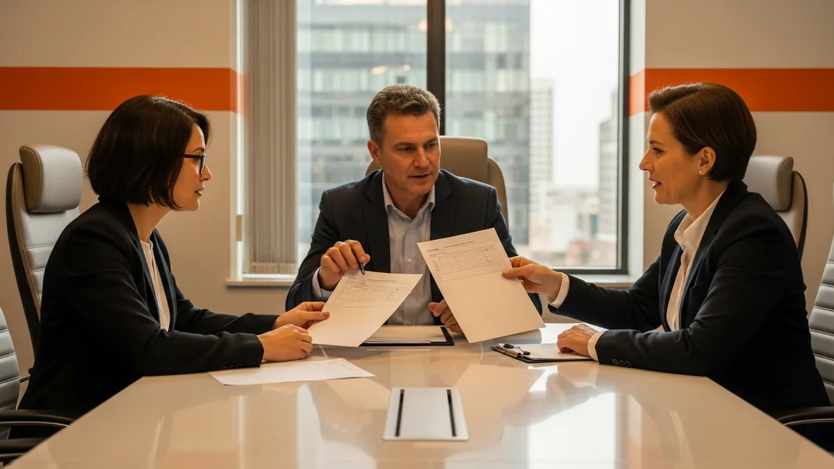 Hiring panel comparing candidate scorecards during a debrief after a security engineer interview around a conference table