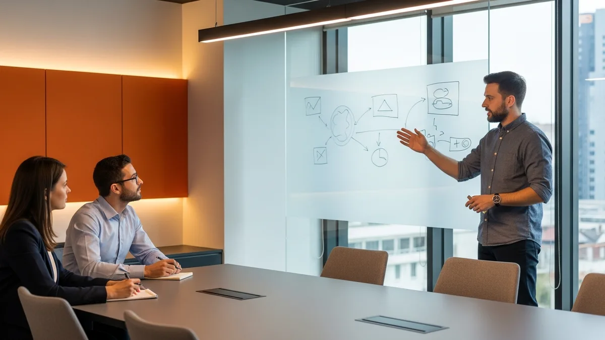 Security engineer candidate working through a threat-modeling problem at a whiteboard while two hiring managers watch and take notes