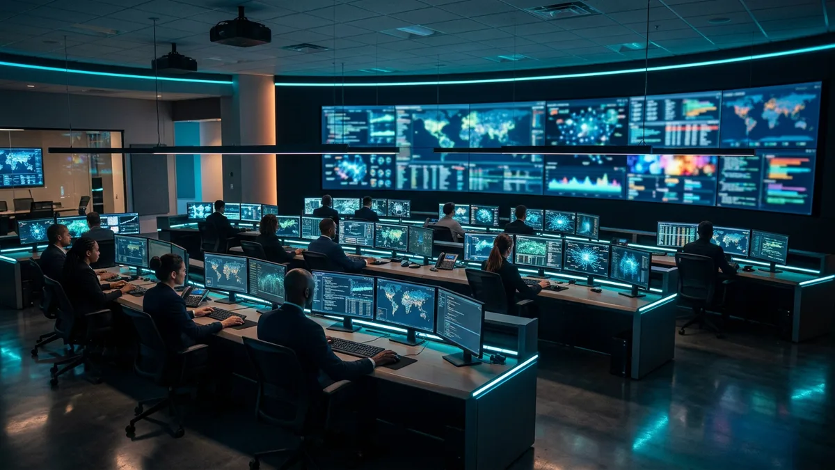 Security operations manager overseeing a 24/7 SOC watch floor staffed by KORE1