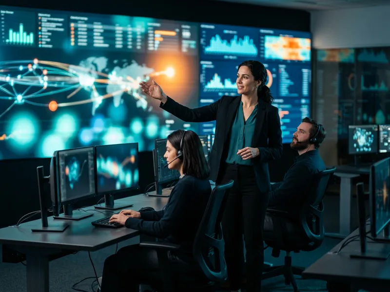 Security operations manager directing SOC analysts at a wall of monitoring dashboards