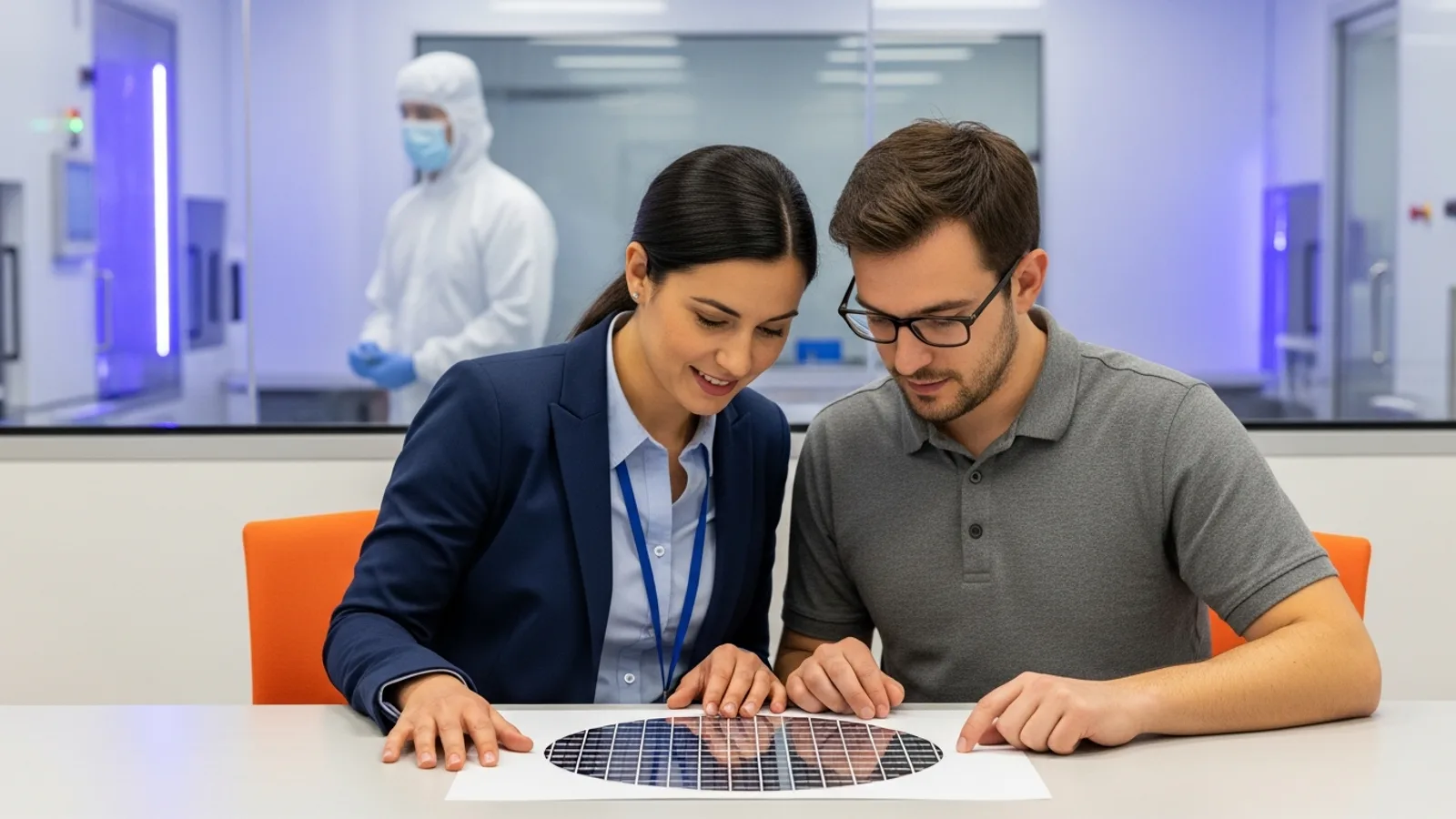 KORE1 semiconductor recruiter and an IC design engineer reviewing a silicon wafer map together beside a fab cleanroom window