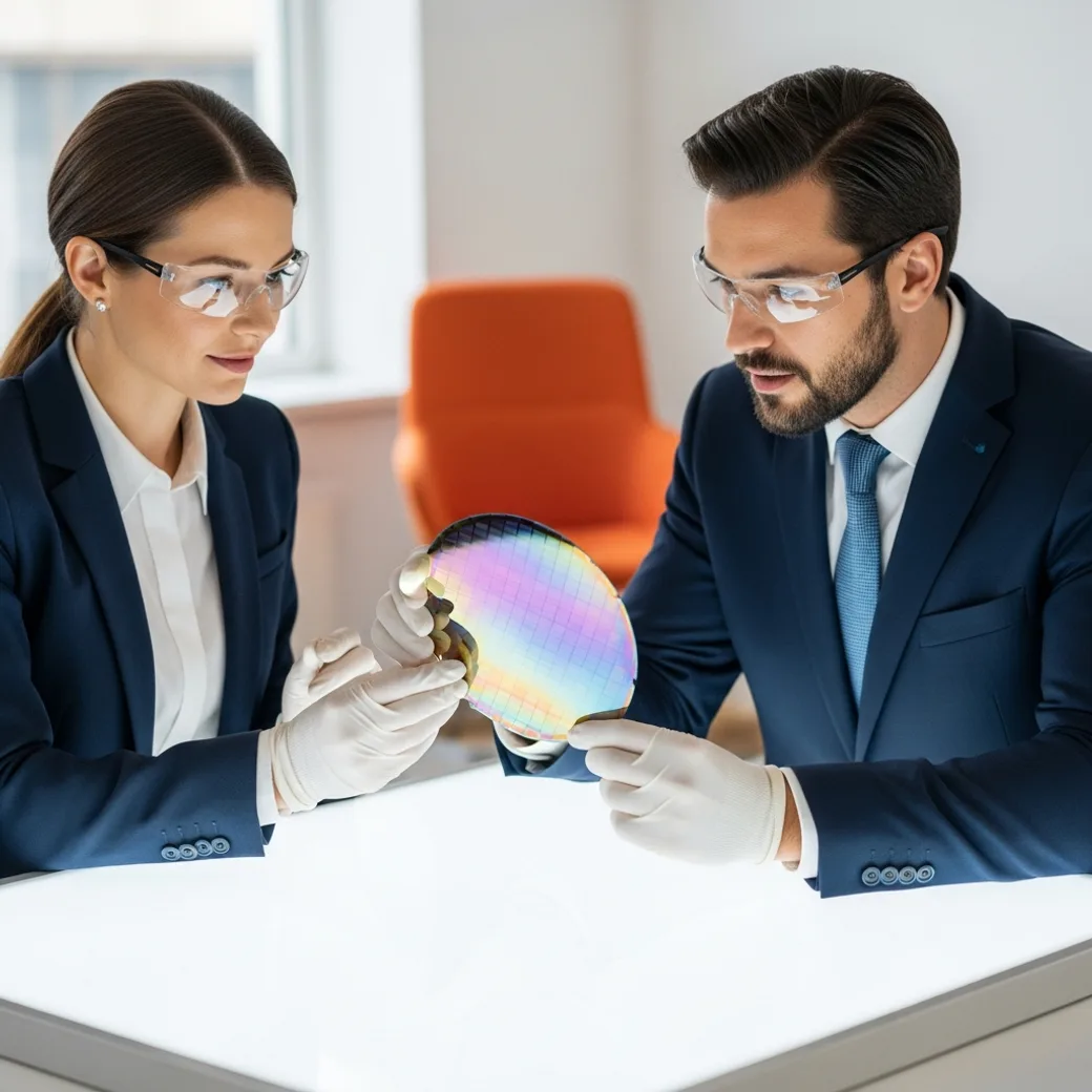 KORE1 semiconductor recruiter and an IC design engineer examining an iridescent silicon wafer on a light table