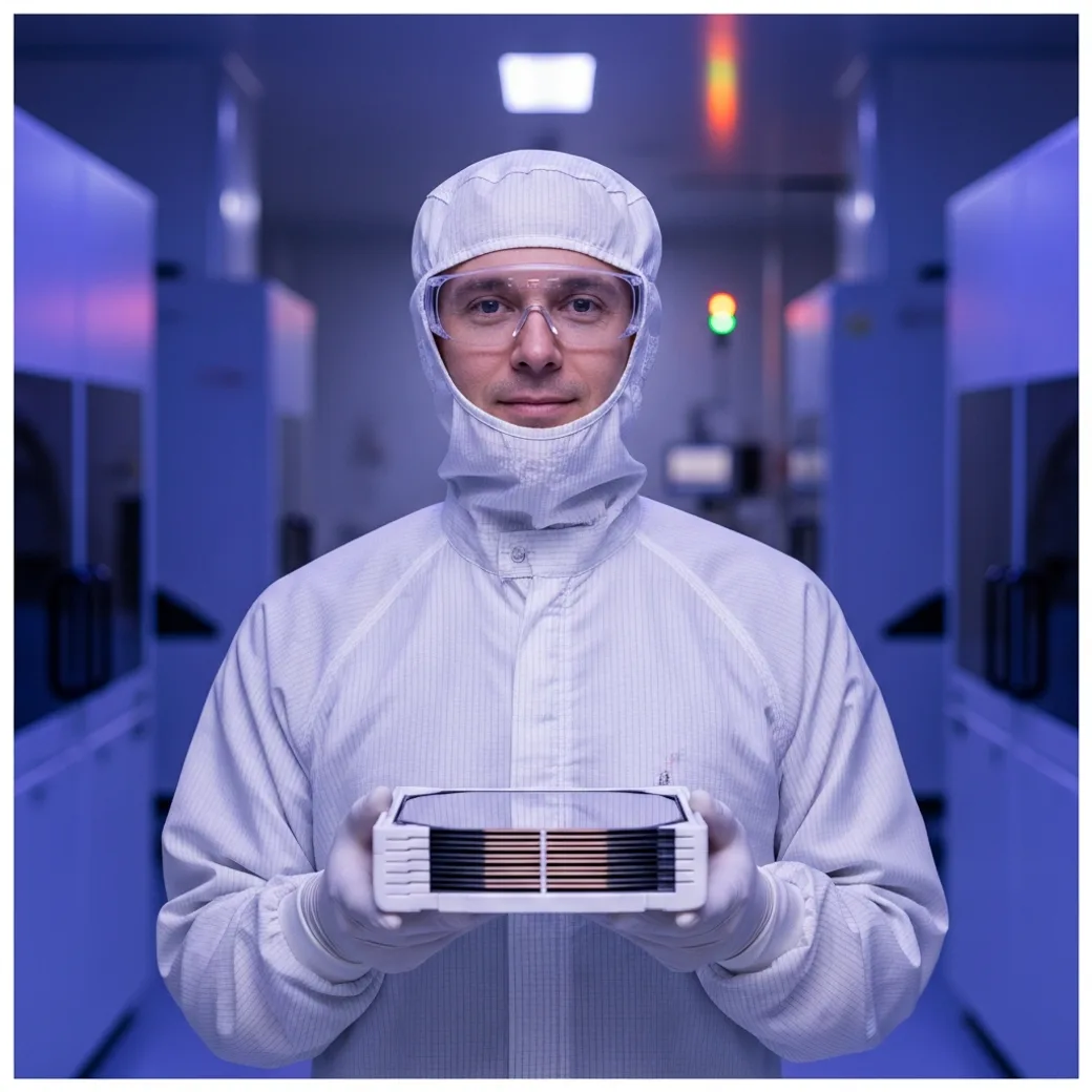 Semiconductor engineer placed by KORE1 recruiters in a cleanroom bunny suit holding a wafer-carrier cassette under fab lighting