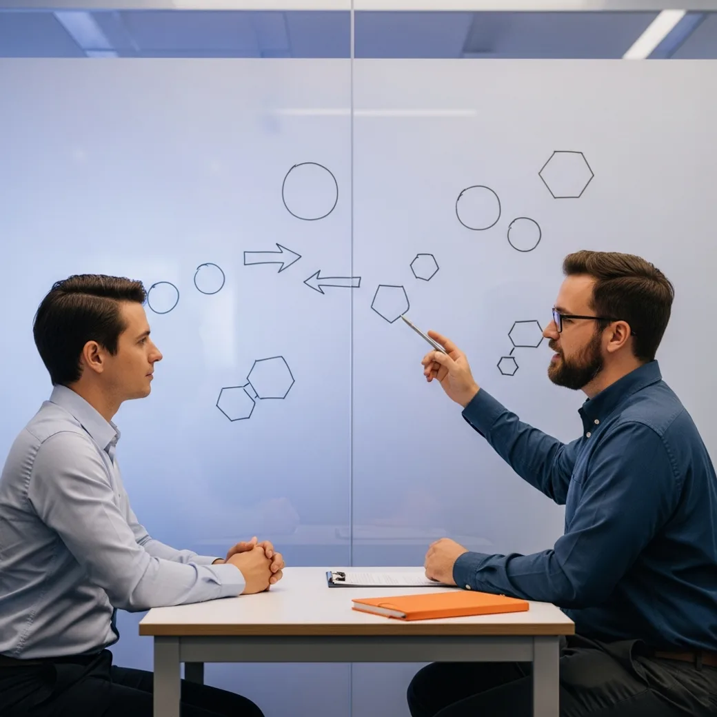 KORE1 recruiter interviewing a semiconductor process engineer who is explaining a hand-drawn process flow on a glass whiteboard
