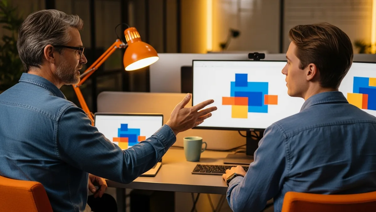 Senior IC turning away from their own keyboard to hand a task to a colleague instead of solving it themselves