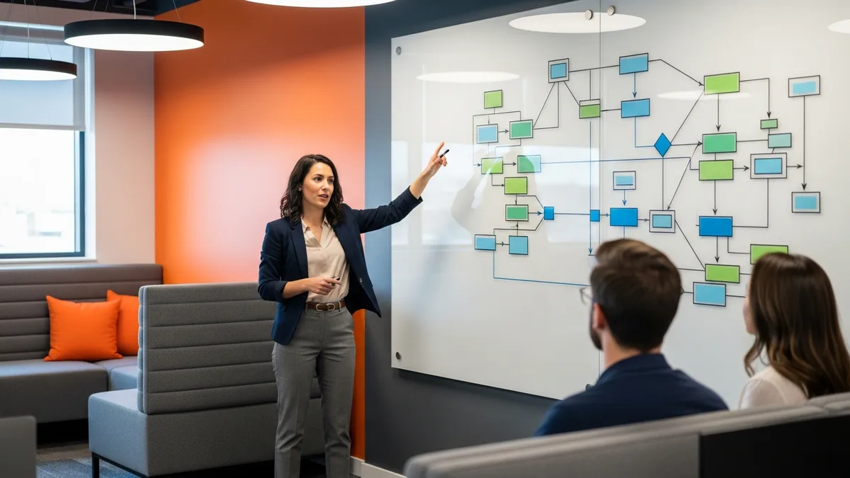 Senior software engineer leading a system architecture design review at a whiteboard with two colleagues