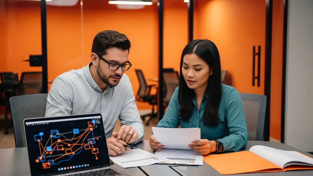 Engineering hiring manager and team lead reviewing senior software engineer candidate resumes at a conference table