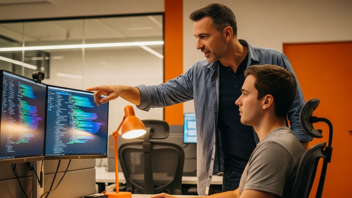 Senior software engineer mentoring a mid-level engineer during code review at a dual-monitor workstation