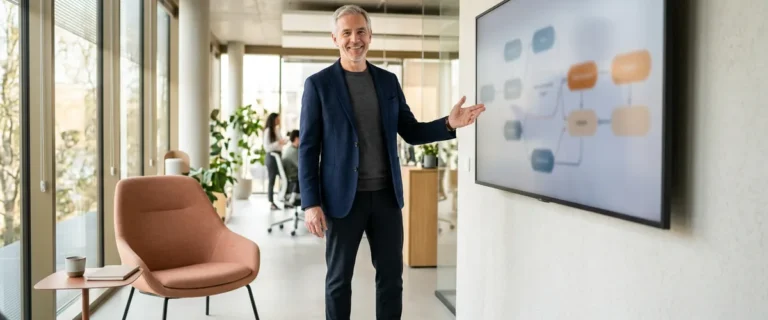 Technology leader presenting a ServiceNow workflow diagram on an office monitor during 2026 salary planning