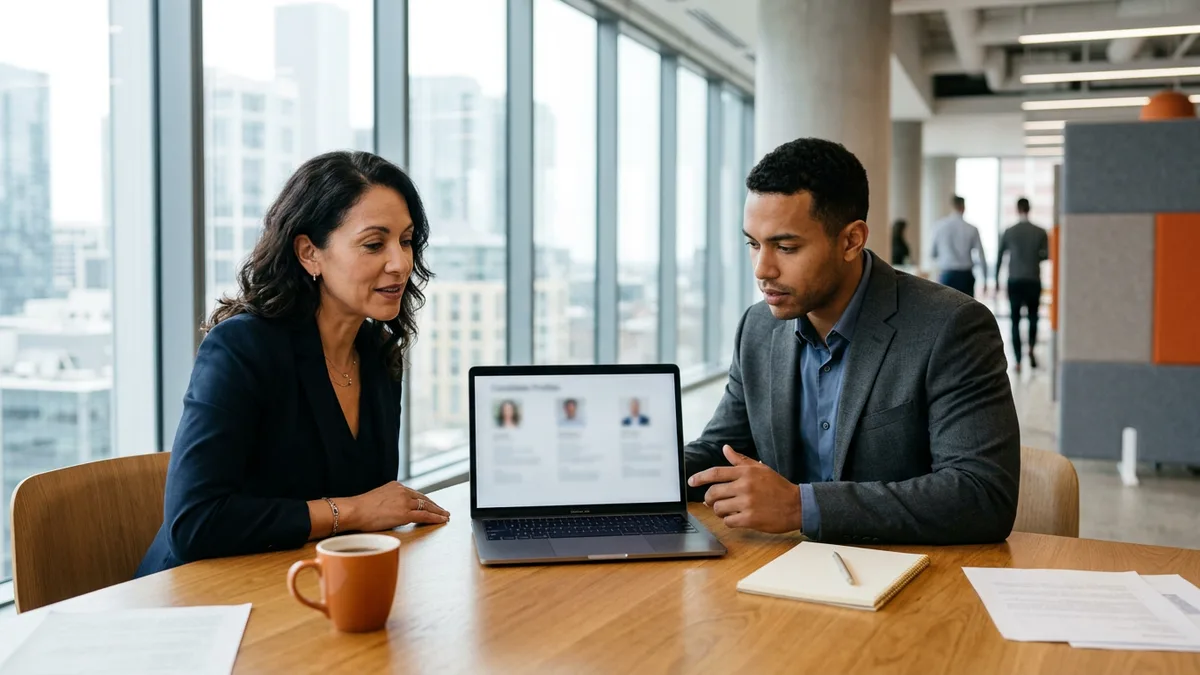Hiring manager and recruiter reviewing ServiceNow developer candidate profiles and compensation on a laptop