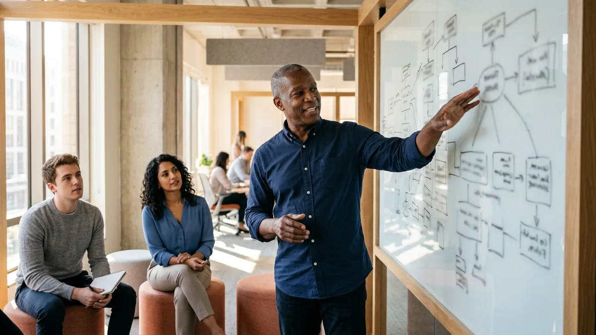 Senior ServiceNow architect explaining a platform workflow diagram at a whiteboard to two colleagues
