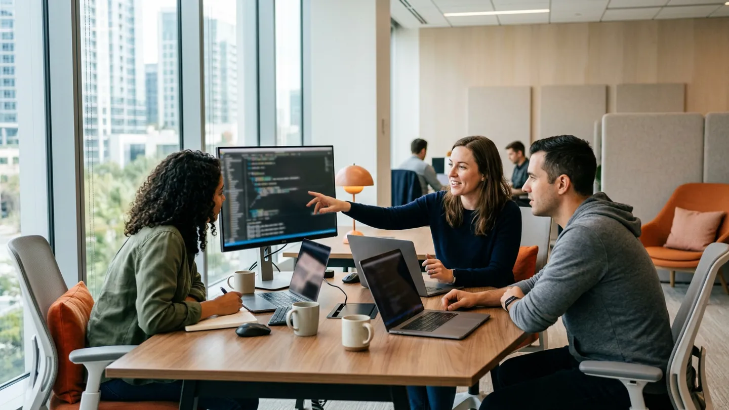 Software development staff augmentation team, a KORE1 contractor and two in-house engineers, collaborating at a shared desk in a bright US office