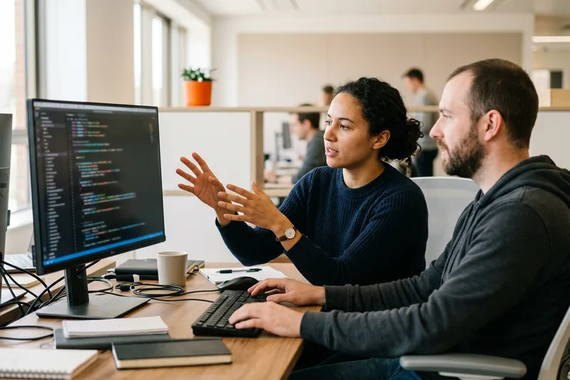 Augmented KORE1 developer pair-working with an in-house engineer at a shared desk during sprint planning