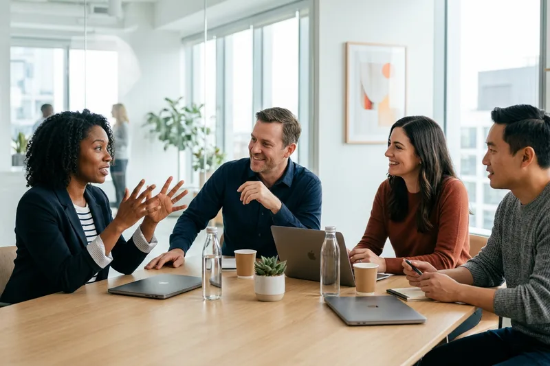 KORE1 account team meeting with client engineering leaders around a conference table to plan an augmented development team