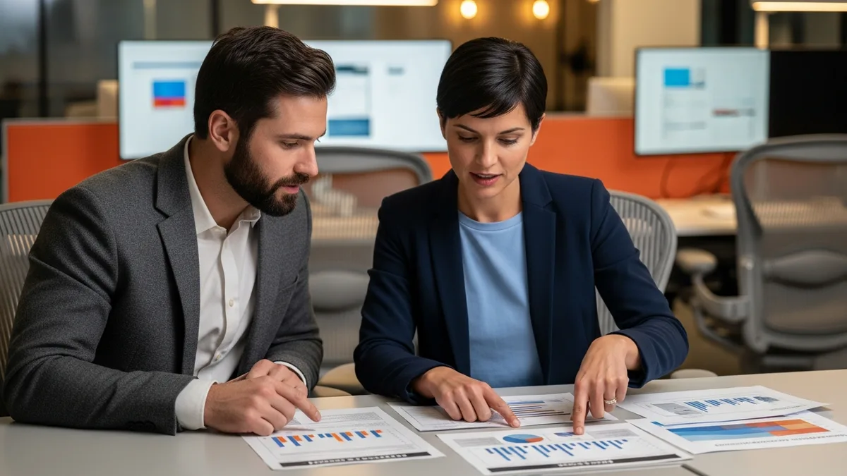 Hiring manager and technical recruiter reviewing software engineer time-to-fill charts