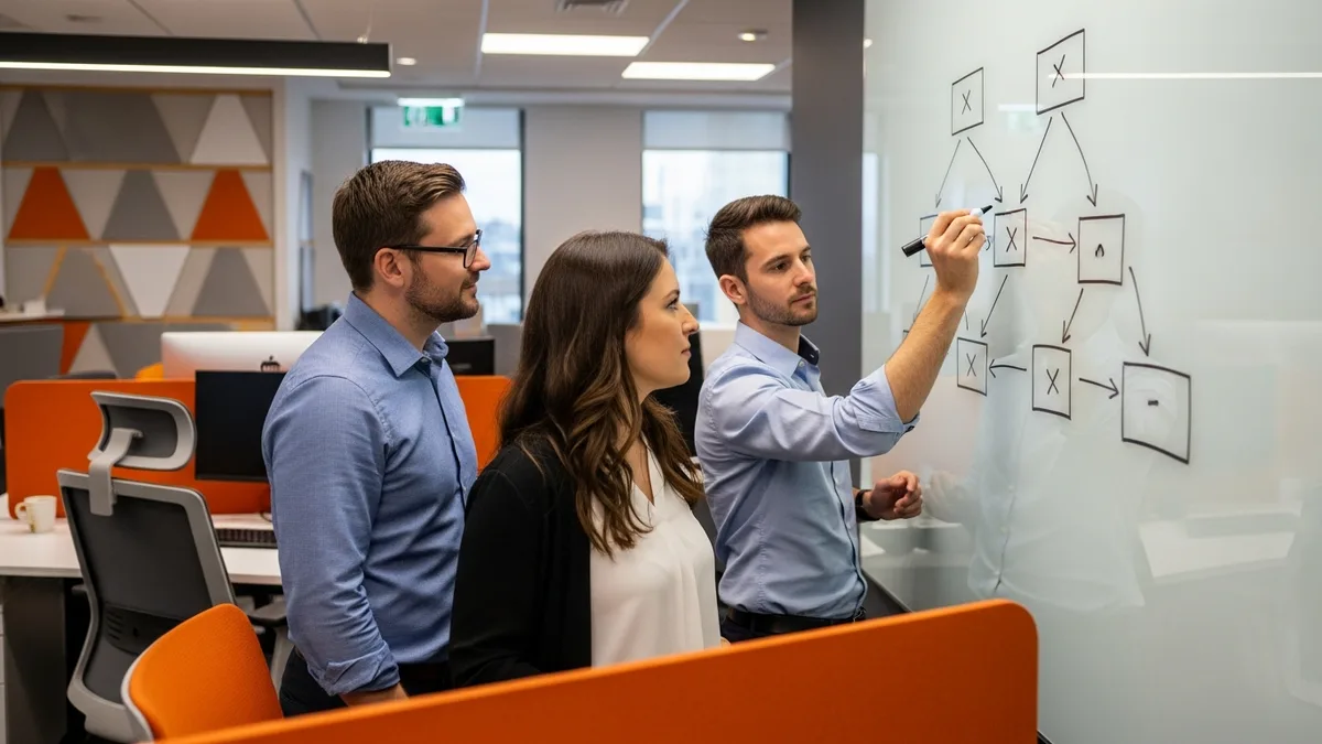 Engineering team running a system-design session on a glass whiteboard during hiring