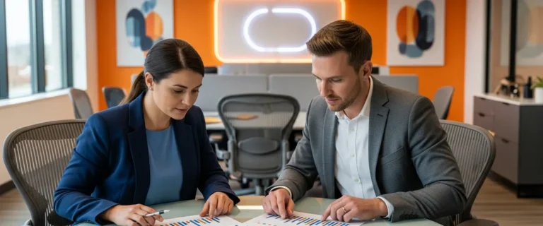 Recruiter and hiring manager reviewing 2026 software engineer time-to-fill benchmarks in a modern office
