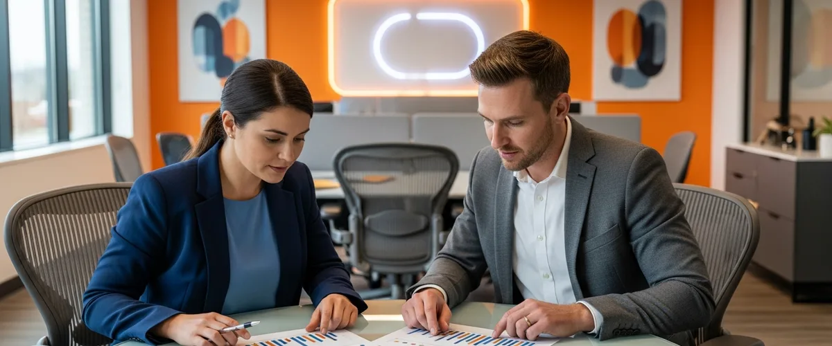 Recruiter and hiring manager reviewing 2026 software engineer time-to-fill benchmarks in a modern office