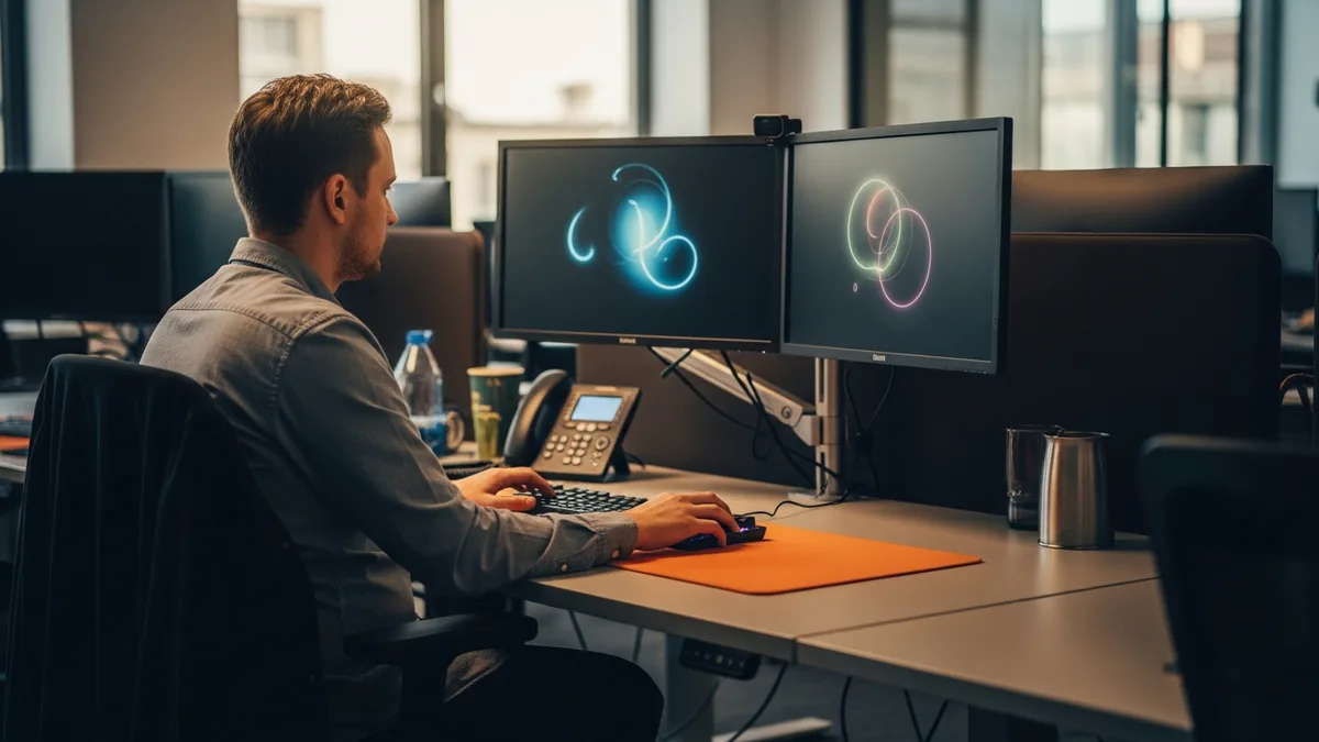 Software engineer working at a dual-monitor workstation during a 2026 hiring search