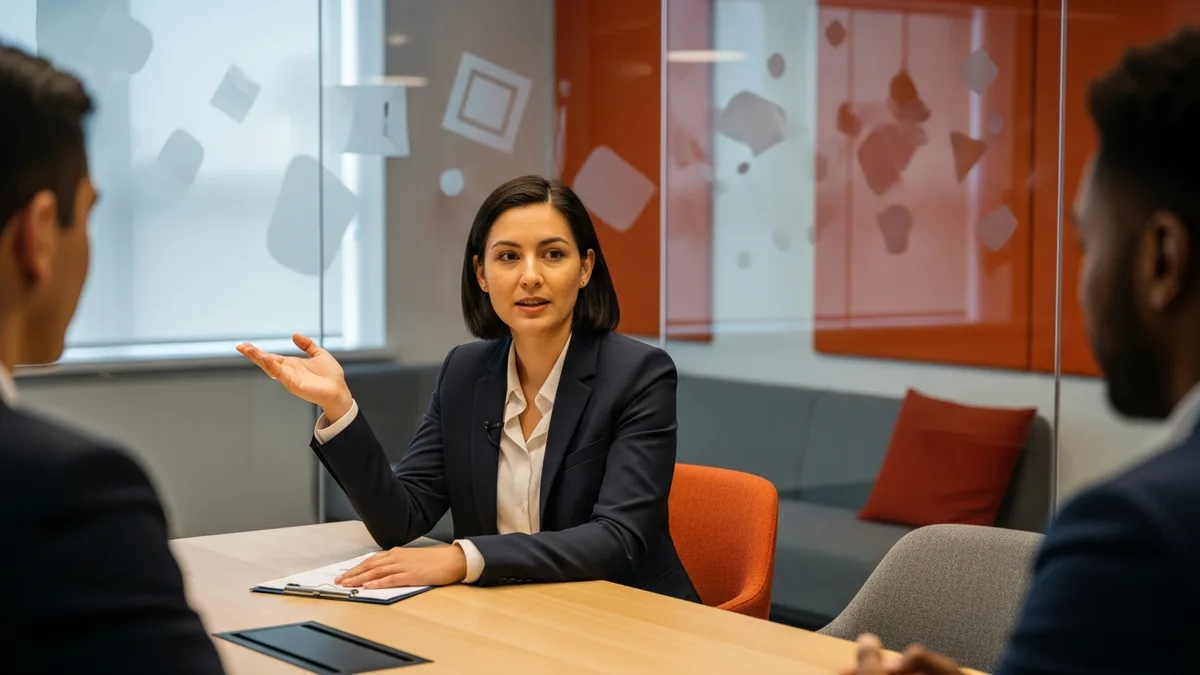 A solutions architect candidate explaining a design trade-off to two interviewers across a table during a technical interview