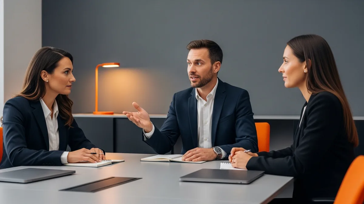 A panel of three hiring managers deliberating over a solutions architect candidate after an interview