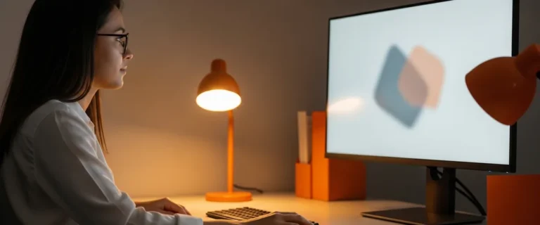 A solutions architect reviewing an abstract system architecture on a monitor at a workstation