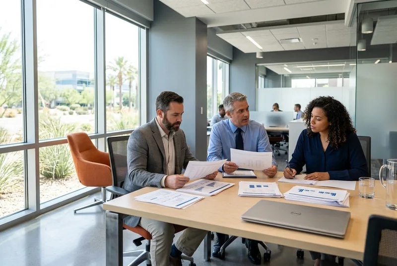 Three finance professionals reviewing printed financial reports around a conference table in a bright modern corporate campus office in Chandler Arizona with large windows and desert daylight