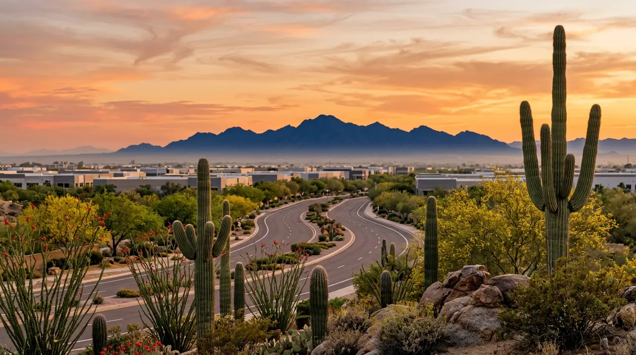 Chandler Arizona at sunset with Sonoran desert saguaro cactus in the foreground, a landscaped boulevard, low technology campuses, and the San Tan Mountains on the horizon