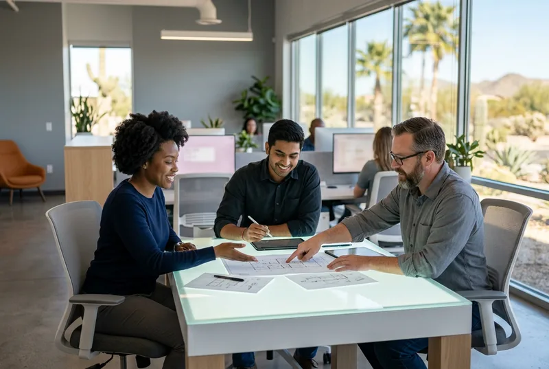 Three technology professionals collaborating at a light table in a bright modern Chandler Arizona office with floor to ceiling windows, warm desert daylight, and an orange accent chair