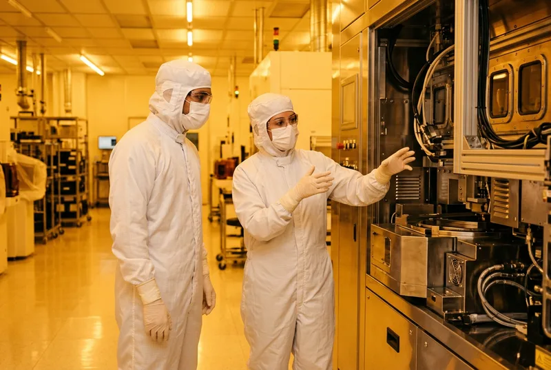 Two semiconductor process engineers in white cleanroom bunny suits and safety goggles inspecting a stainless steel wafer processing tool in a Chandler Arizona fabrication plant lithography bay lit in warm amber light
