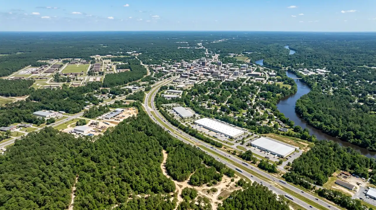 High aerial daytime view of the Fayetteville North Carolina and Sandhills region, showing vast green longleaf pine forest, the Cape Fear River winding through it, a compact downtown, and a multi-lane interstate corridor with distribution facilities under a clear sky