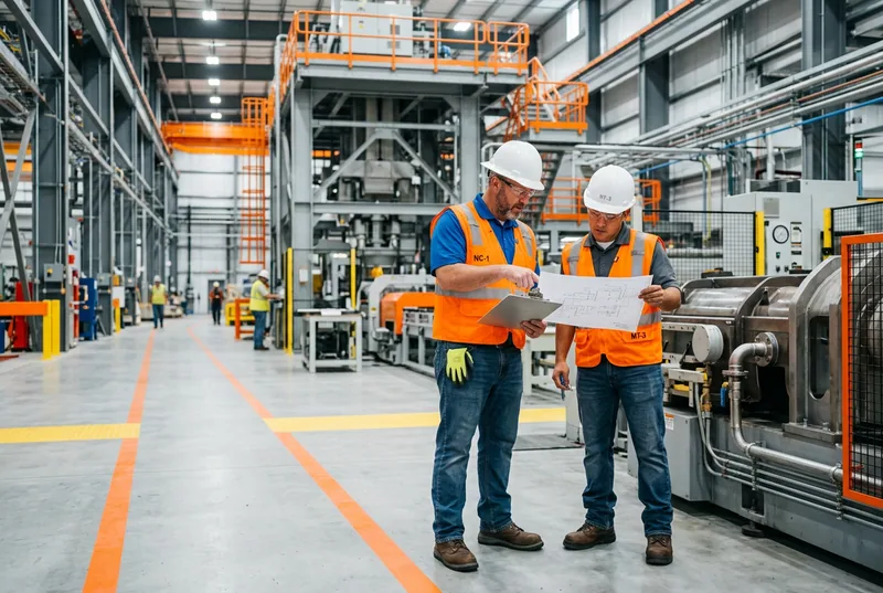 Two engineers in hard hats and high-visibility safety vests reviewing a printed blueprint on a clipboard on the clean floor of a modern manufacturing plant in Fayetteville North Carolina, with large machinery, steel structures, and orange safety accents under bright daylight