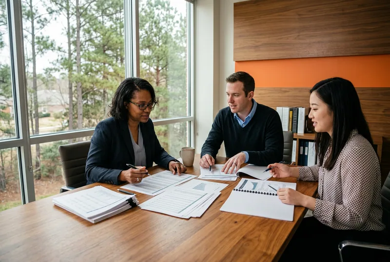 Three finance professionals reviewing printed financial reports at a conference table inside a modern Fayetteville North Carolina office, with warm wood paneling, an orange accent, and large windows overlooking pine trees in soft daylight