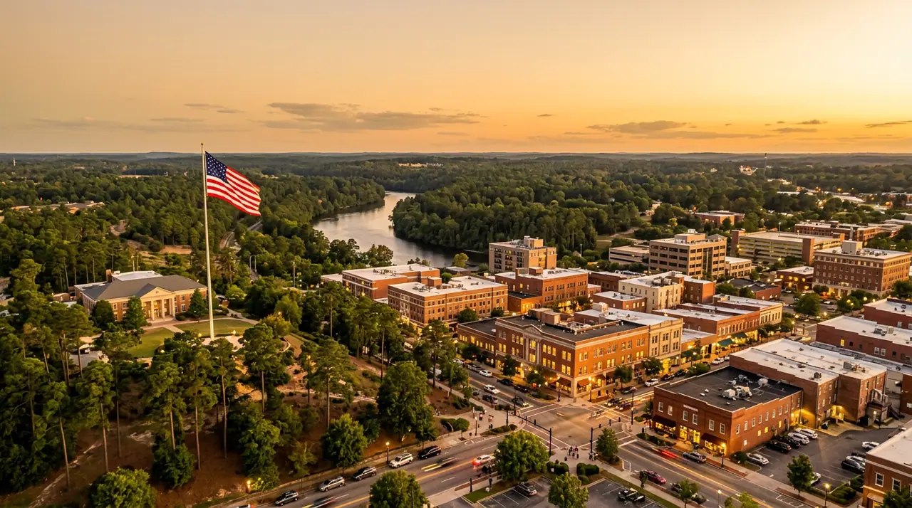 Golden-hour view of Fayetteville, North Carolina and the Sandhills, with a low downtown skyline among tall longleaf pine trees, the Cape Fear River in the distance, and a large American flag catching warm evening light