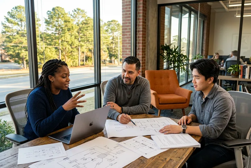 A small IT and cybersecurity team of three professionals collaborating over printed network diagrams and a laptop inside a bright modern Fayetteville North Carolina office, with tall windows overlooking longleaf pine trees and a warm orange accent chair