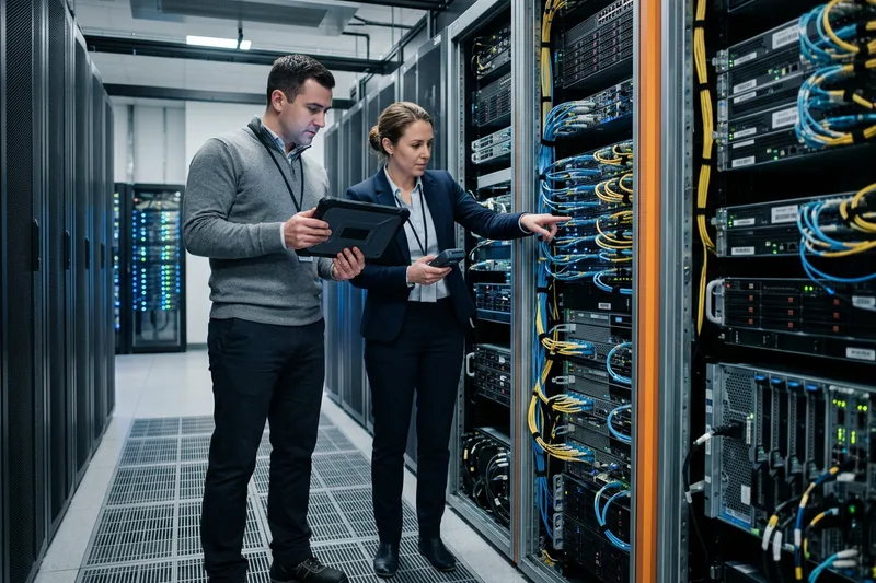 Two engineers inspecting network and server infrastructure equipment in a clean modern data facility near Jersey City