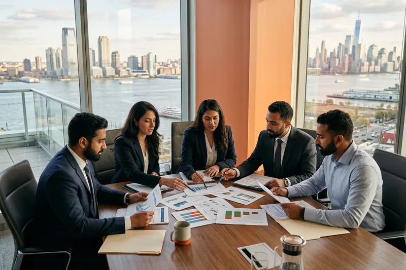 Finance and risk professionals reviewing printed reports at a conference table in a Jersey City financial district high-rise